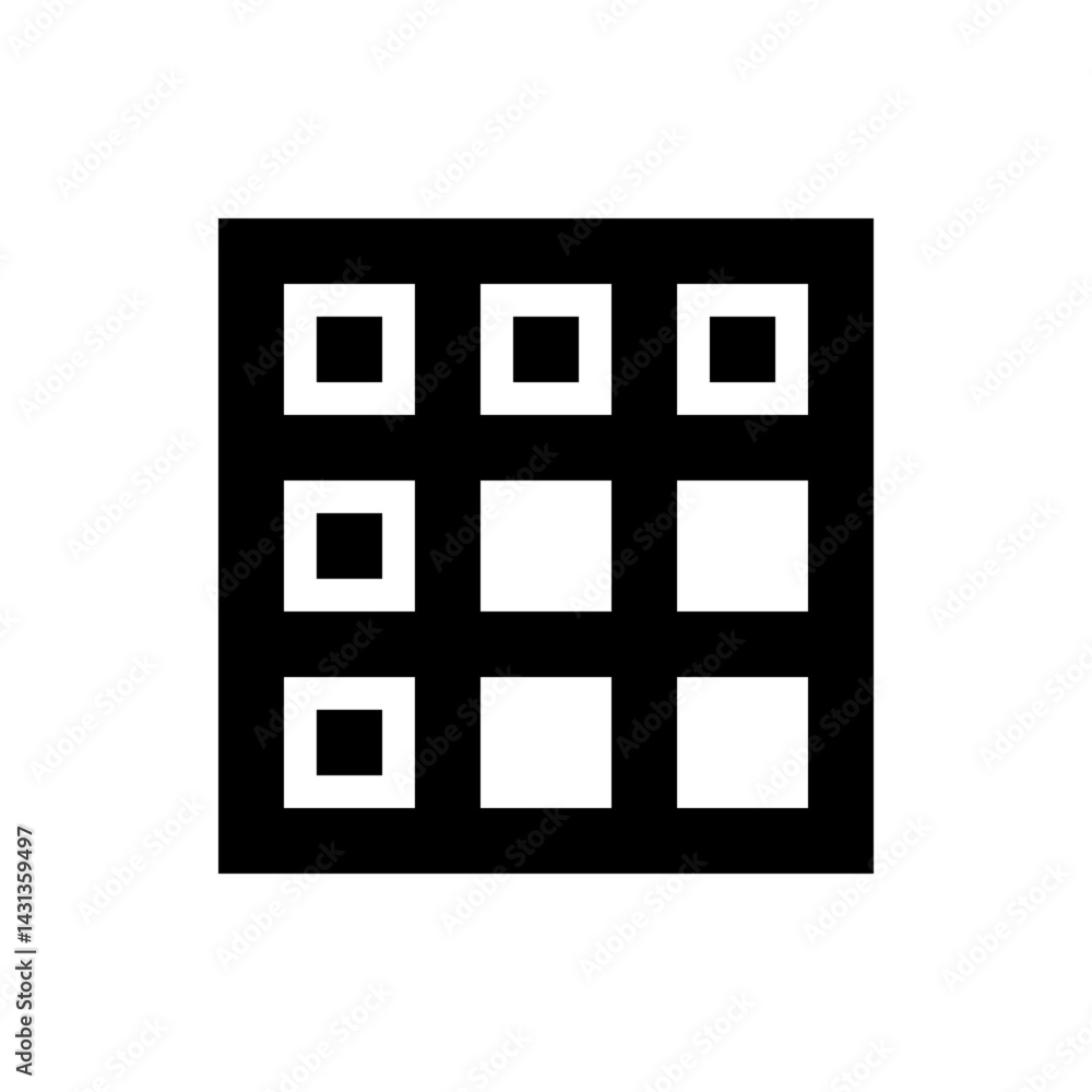 Poster black square grid containing nine squares with alternating filled and unfilled square patterns