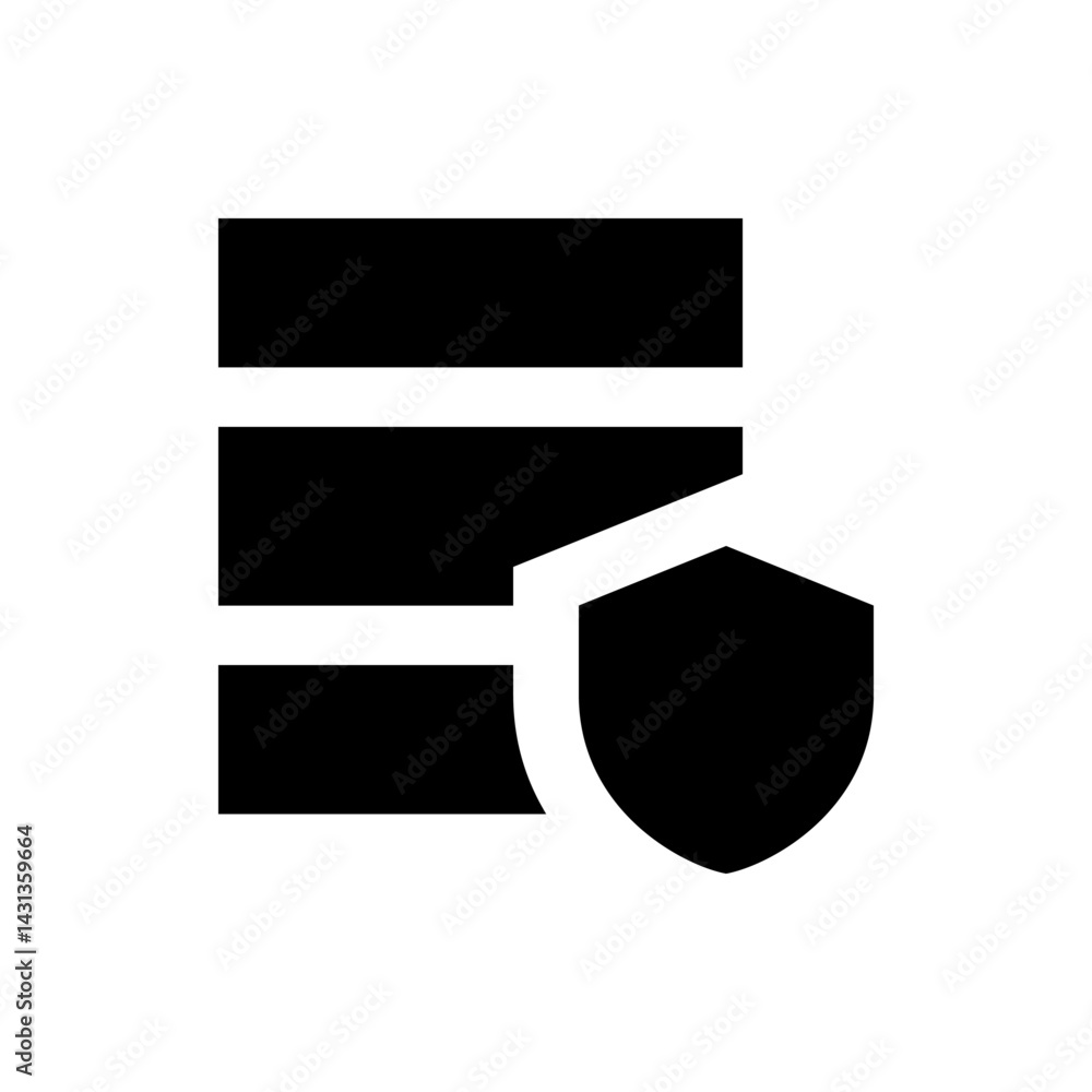 Poster black database server icon with a shield representing data security and protection in a simple desig