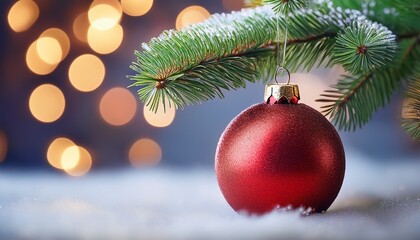 Obraz premium christmas tree branch with red bauble and lights