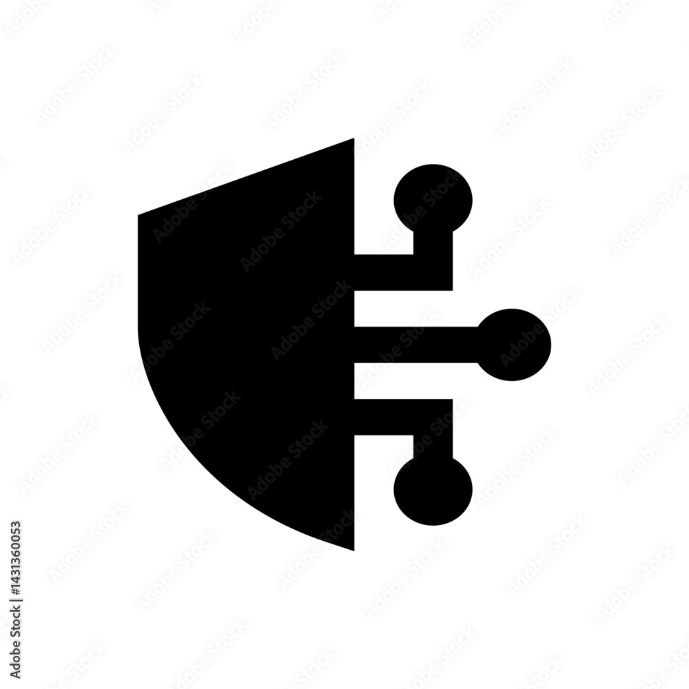 Poster illustration of a black shape connected to three lines ending in circles on a white background space