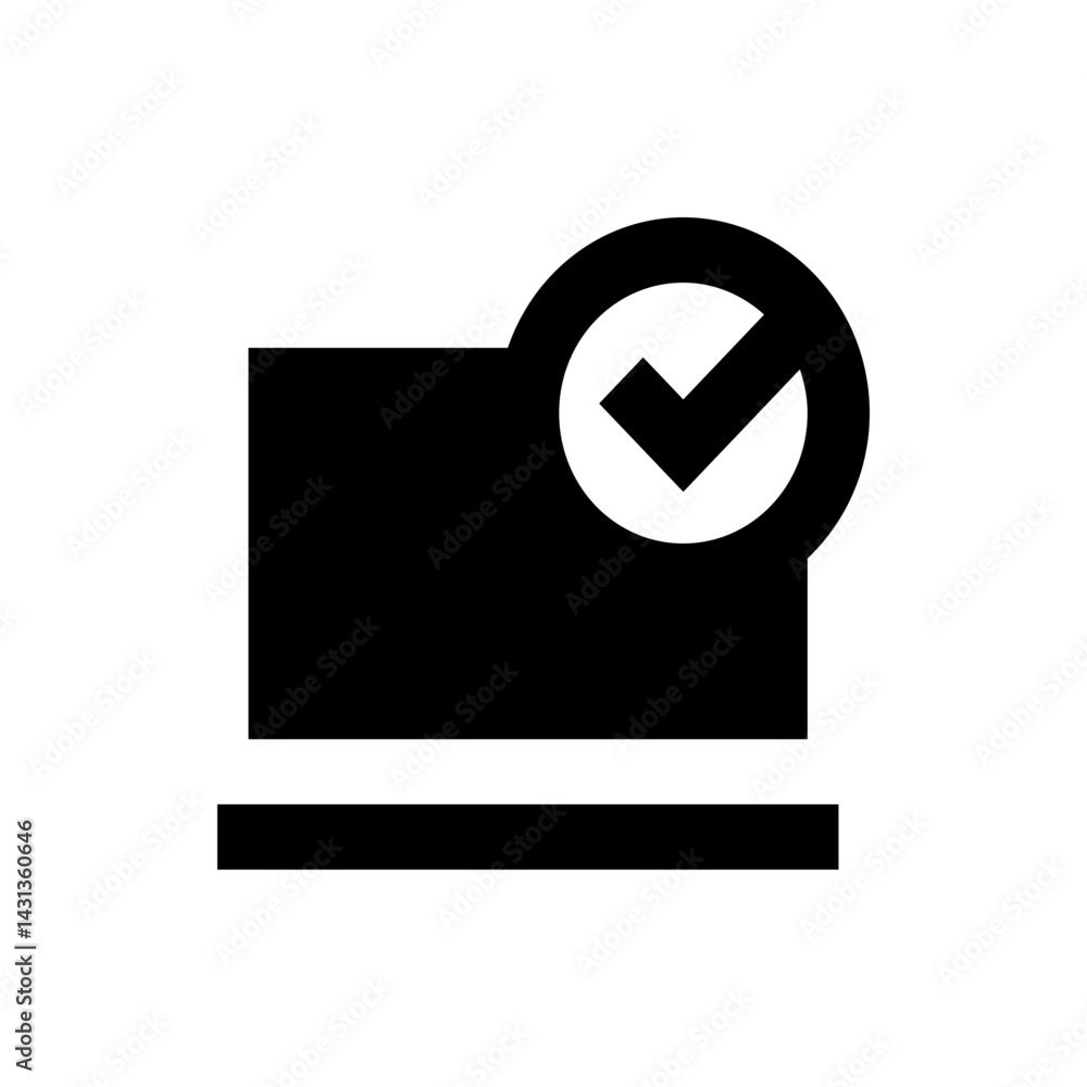 Poster black folder icon with a white circle containing a check mark on the top right corner and a line bel
