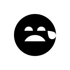 Black circle with a sad face featuring a tear drop on the side expressing a feeling of sorrow and grief