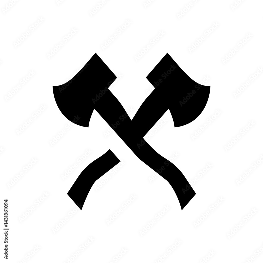 Poster two crossed axes in black silhouette against a white background creating a simple yet striking desig