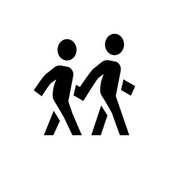 Two stylized figures walking side by side holding hands depicted in black against a white background space