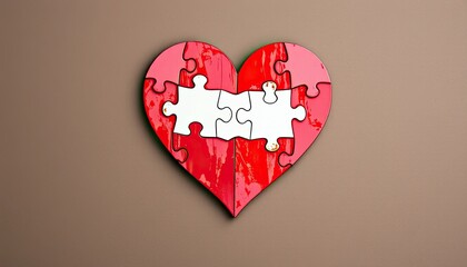 Red Heart Shaped Puzzle Pieces on Brown Background