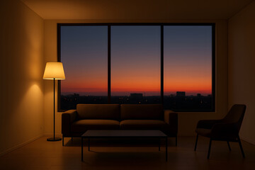 Fototapeta premium Minimalist Living Room with Sunset City View and Soft Floor Lamp Lighting. Peaceful Urban Apartment Interior with Sofa and Chair Facing Large Window Panes... Home Decor.