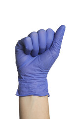 Doctor in medical glove showing fist on white background, closeup