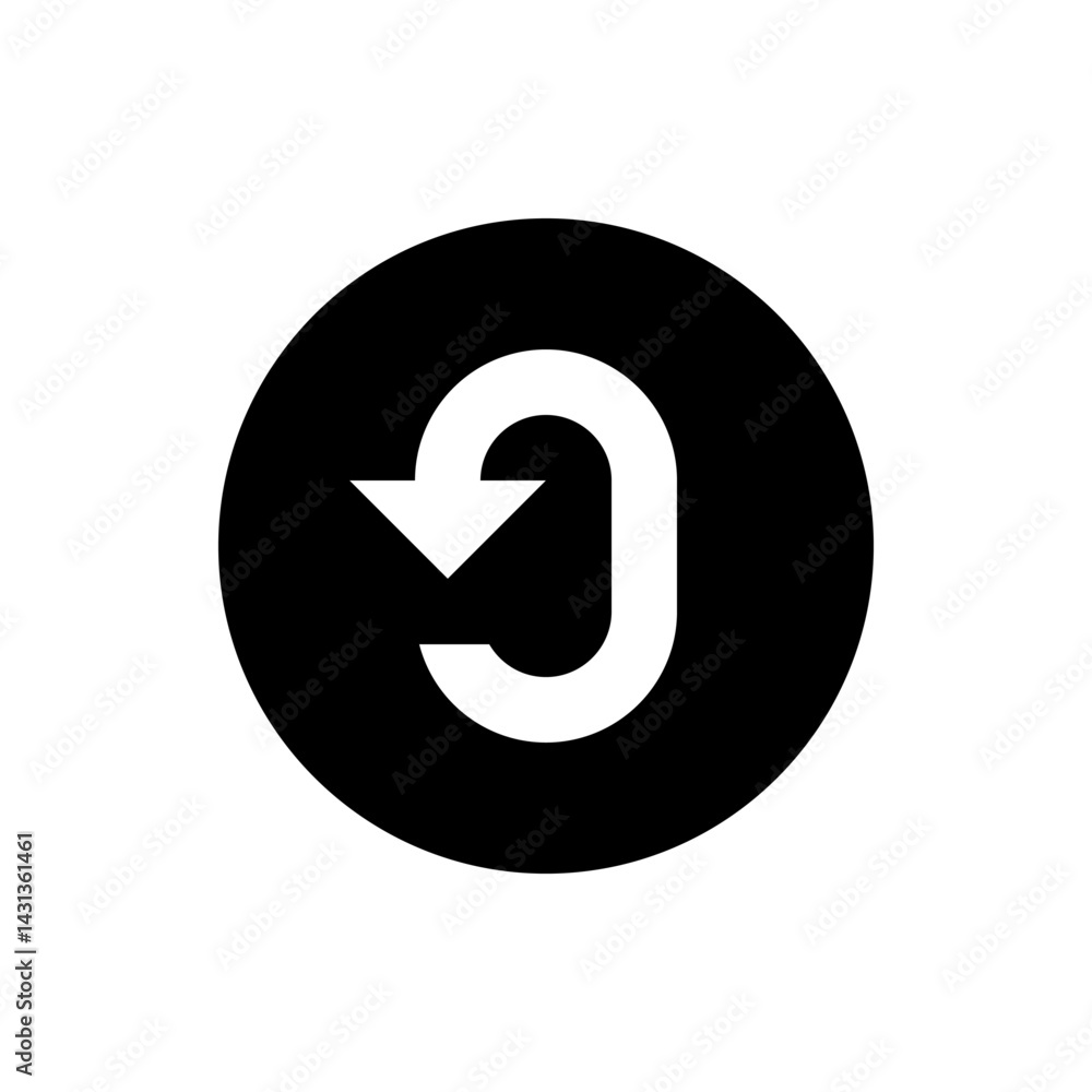 Poster white arrow looping downwards inside a black circle indicating a redo or refresh action symbol desig