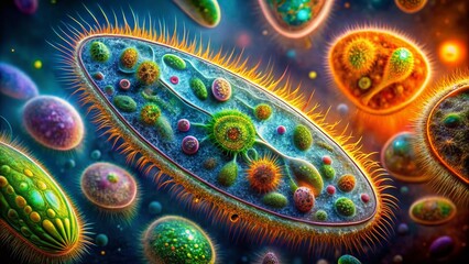 Abstract Macro Paramecium: Vibrant Unicellular Eukaryote Ciliate Protozoa Microscopic Art