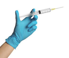 Doctor in medical glove holding syringe on white background, closeup