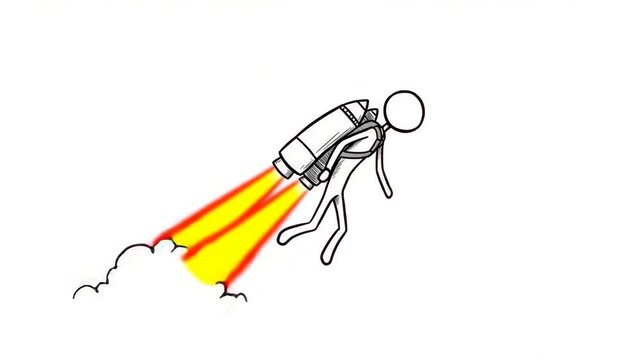 animated line figure character riding a rocket pack
