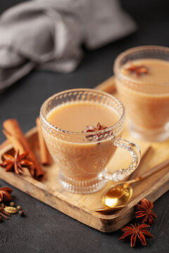 Traditional middle eastern beverage, indian drink masala or arabian karak chai with spices