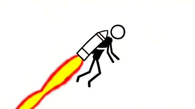 animated line figure character riding a rocket pack