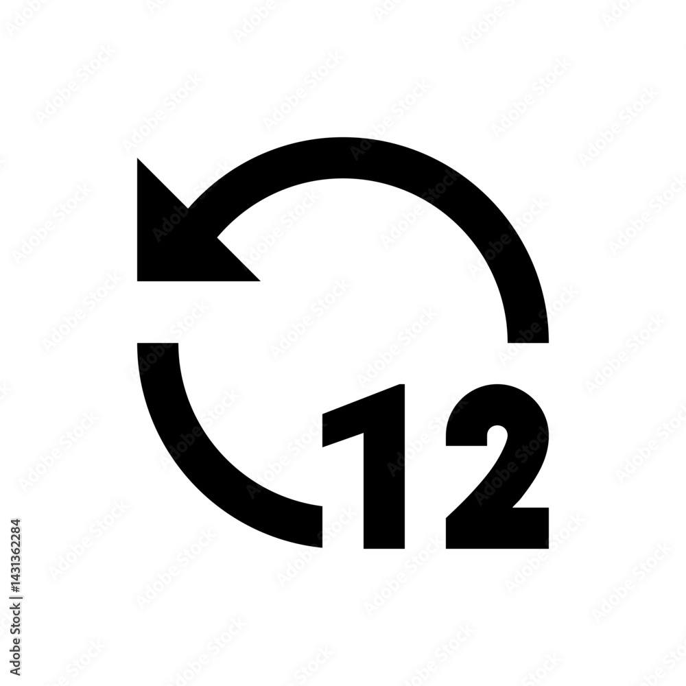 Poster black circular arrow pointing left combined with number twelve on a white plain background image vie