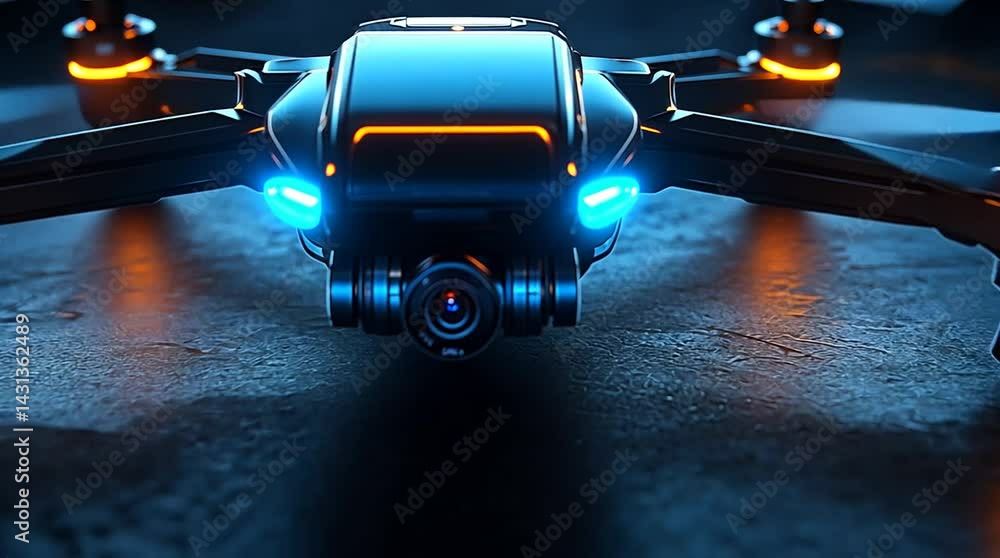 Poster a sleek drone with illuminated features hovering over a textured surface at night, showcasing advanc