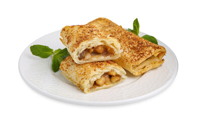 Tasty apple strudels and mint isolated on white