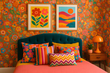 Bold Patterned Bedroom with Orange Floral Wallpaper and Colorful Bedding. Retro Inspired Interior Decor with Playful Prints and Mid Century Nightstand Accent... Home Decor.