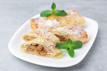 Tasty apple strudels with powdered sugar and mint on light grey table, closeup