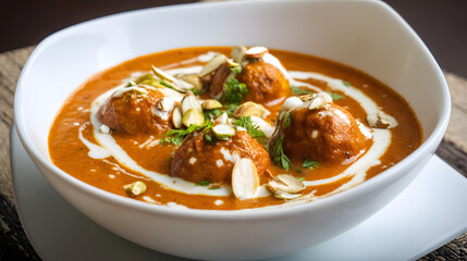 Deep Fried Malai Kofta Balls in Rich Creamy Gravy with Almonds and Fresh Coriander Garnish