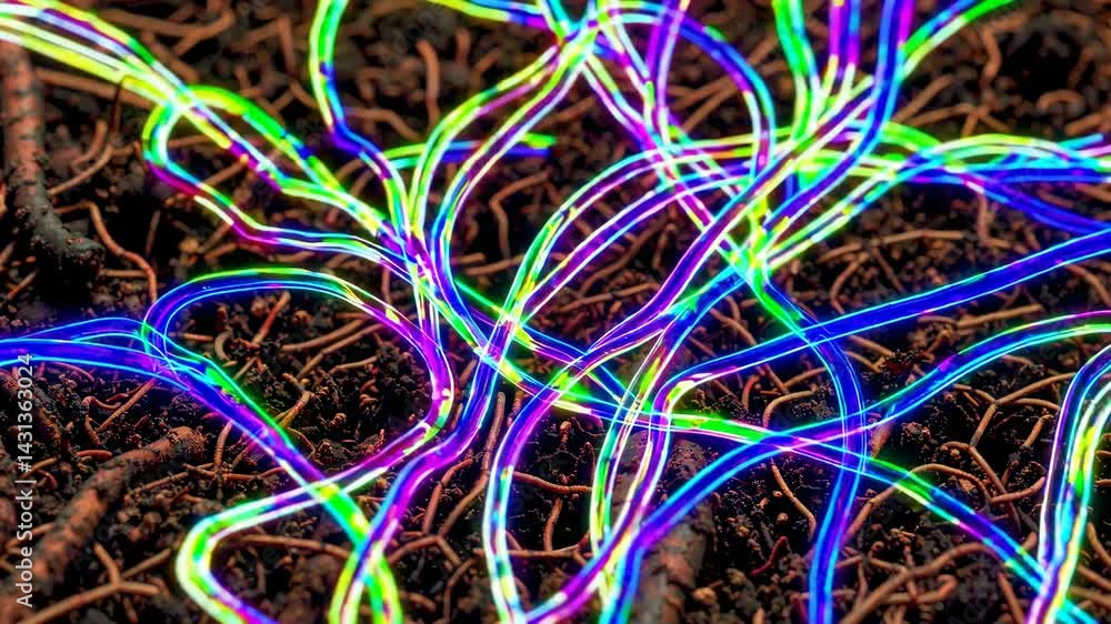 Poster luminous mycelium network in vibrant colors and intricate patterns