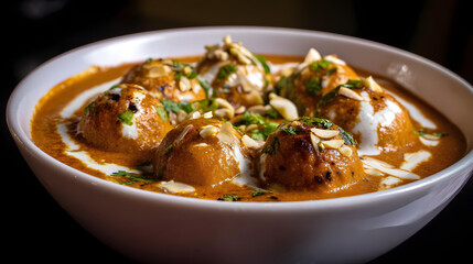Fototapeta premium Deep Fried Malai Kofta Balls in Creamy Sauce Garnished with Nuts and Herbs for Delicious Indian Cuisine