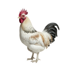 Fototapeta premium Rooster Portrait: A majestic rooster stands proudly, showcasing its vibrant plumage and striking features. Its cream and brown speckled feathers contrast beautifully with its black tail.