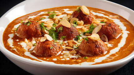 Naklejka premium Exquisite Malai Kofta in Rich Gravy with Garnishes for Culinary Delight