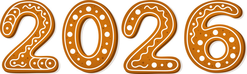 Gingerbread cookies in the shape of the numbers 2026. New Year, sweet, homemade dessert or winter holiday theme. Vector illustration.