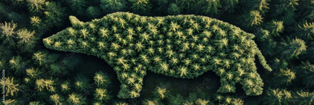 Poster animal shape formed by treetops creates unique visual connection to wildlife in lush forest landscap