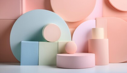 Beautiful pastel-colored geometric shapes create a stunning product display background. Ideal for showcasing cosmetics, jewelry, or other small items.