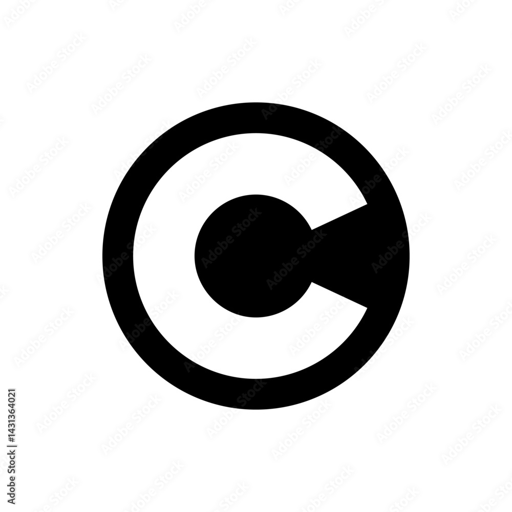 Poster black and white graphic symbol featuring a circle with a partial opening and a smaller circle inside