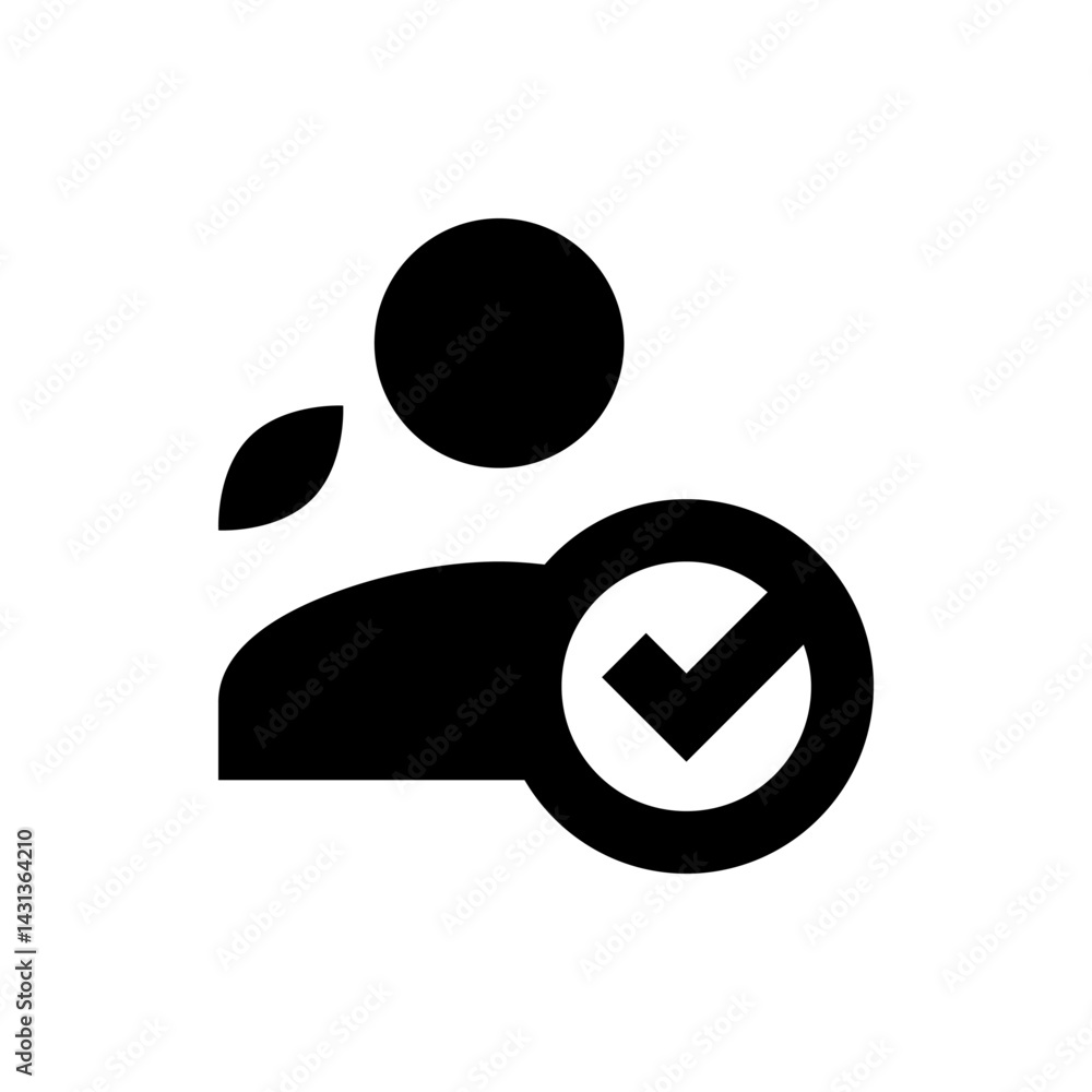 Poster person silhouette with check mark in a circle indicating approval or verification and a leaf on the 