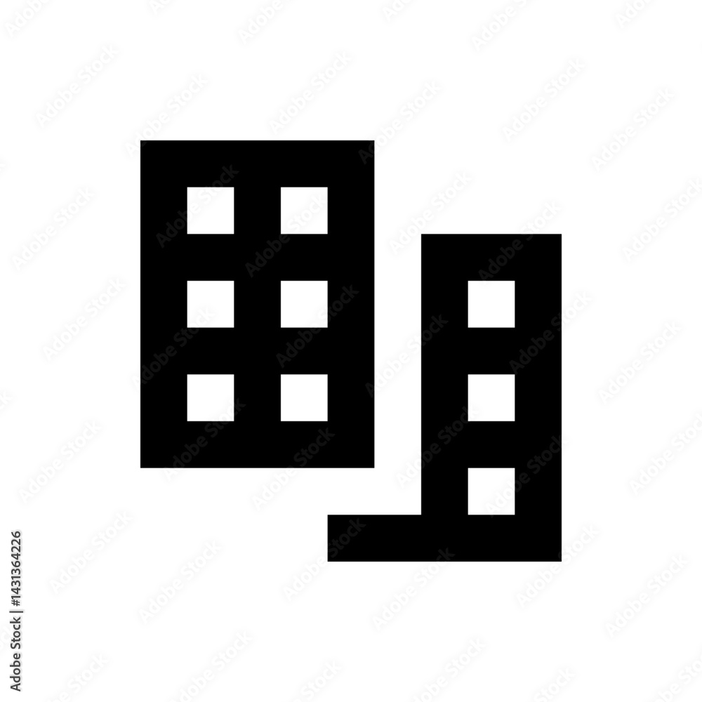 Poster two simple black buildings with white windows in a minimalist design against a white background view