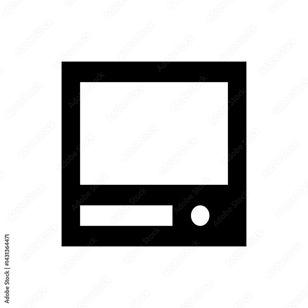 Poster illustration of a retro television set with a rectangular screen and a circular power button design 