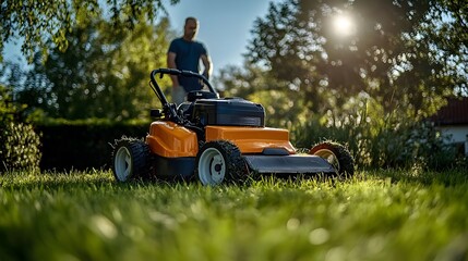 Fototapeta premium Low angle of man pruning grass