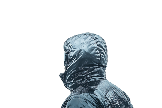 Isolated hooded figure, facing away, reflective material, stark white background.