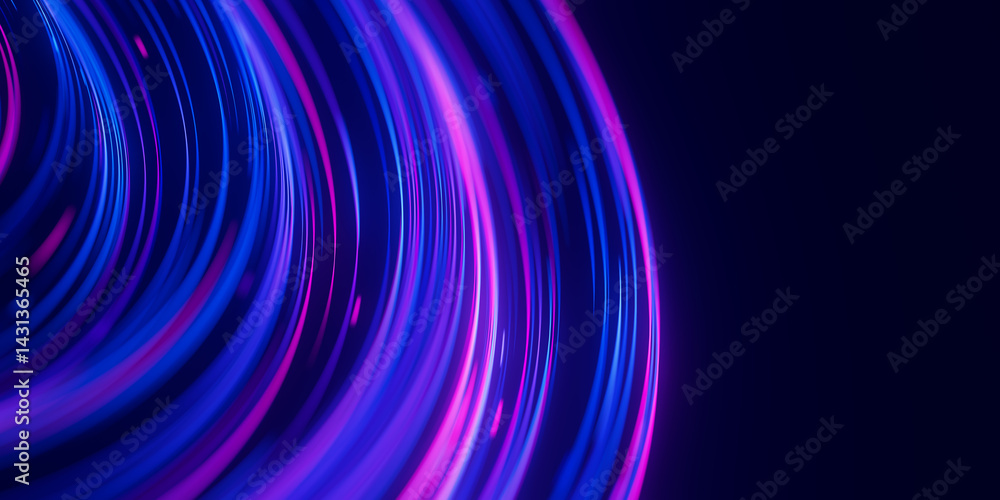 Poster Closeup of circular data light speed flow. Abstract round digital data stream of quantum computing. Cyberspace of qubit trail waves with DOF. Modern tech information transmission.