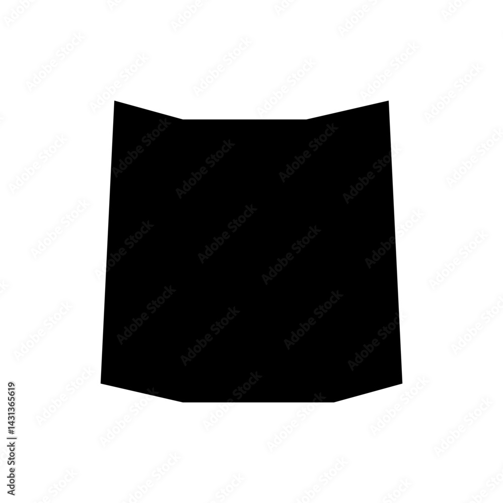 Poster a solid black irregular quadrilateral shape with angled top and bottom edges on a white background p