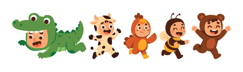 Cartoon illustration featuring kids dressed in playful animal costumes. They are running and having fun, evoking joy and imagination.