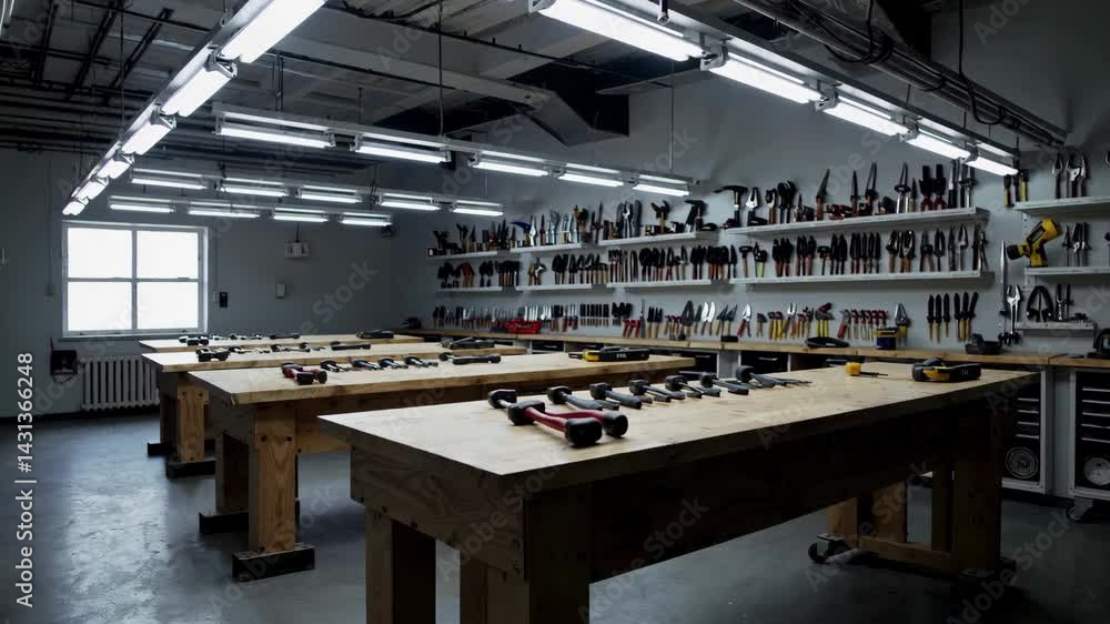 Poster stillness in a workshop environment with tools and workbenches
