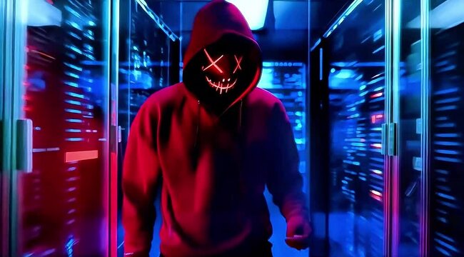 Person in hoodie and mask in server room with blue light and code on racks