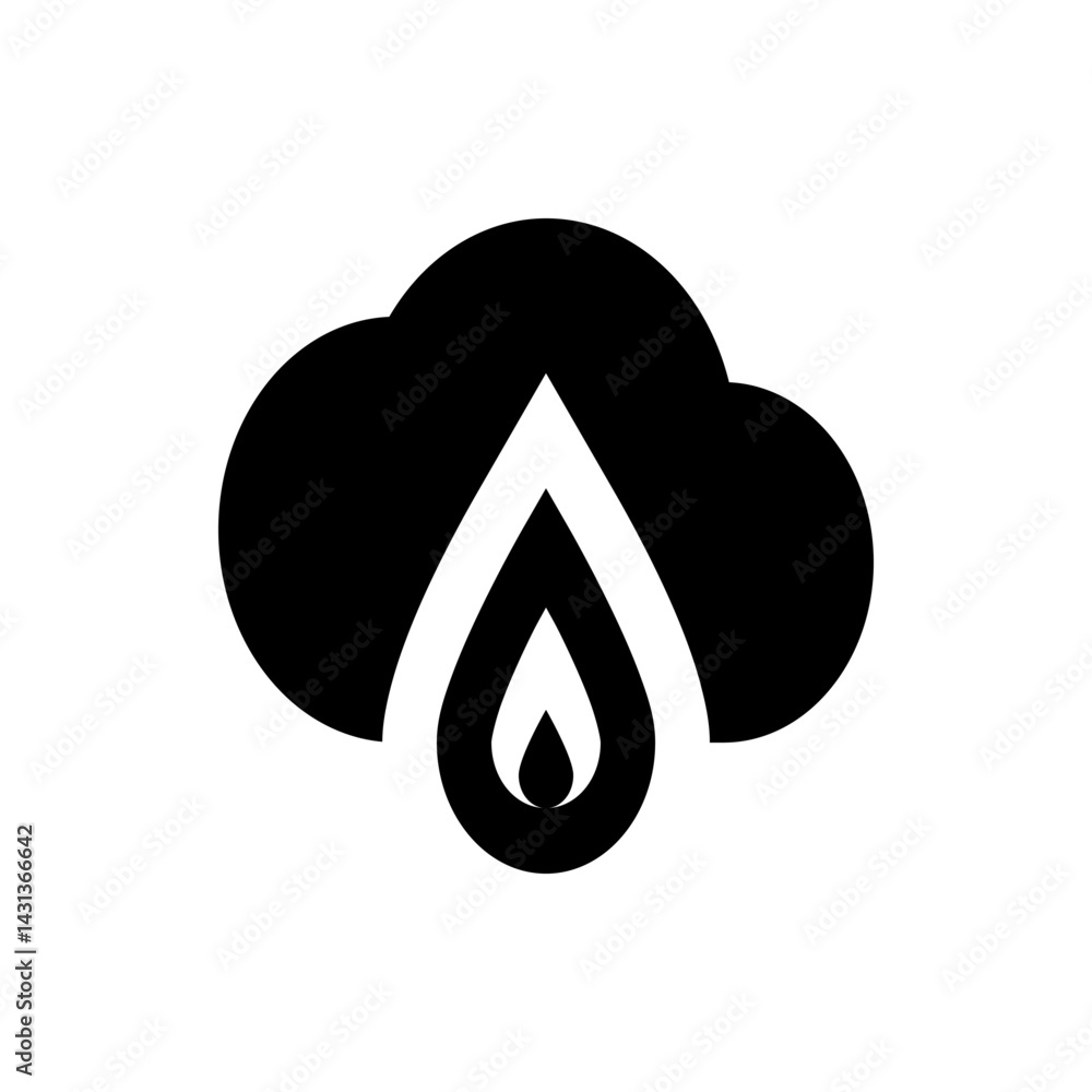 Poster a graphic representation of a cloud with a stylized flame or teardrop shape extending from its lower