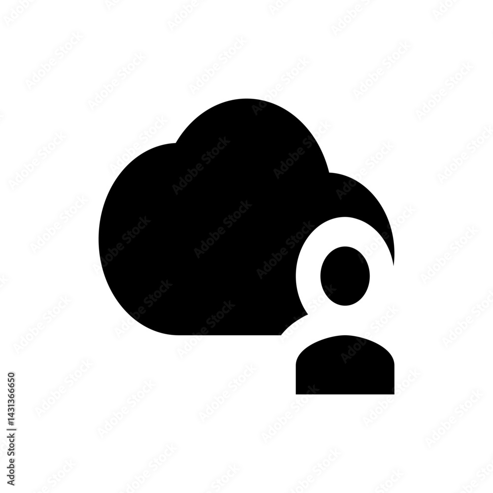 Poster black cloud icon with a white figure standing beneath it representing cloud based user account acces