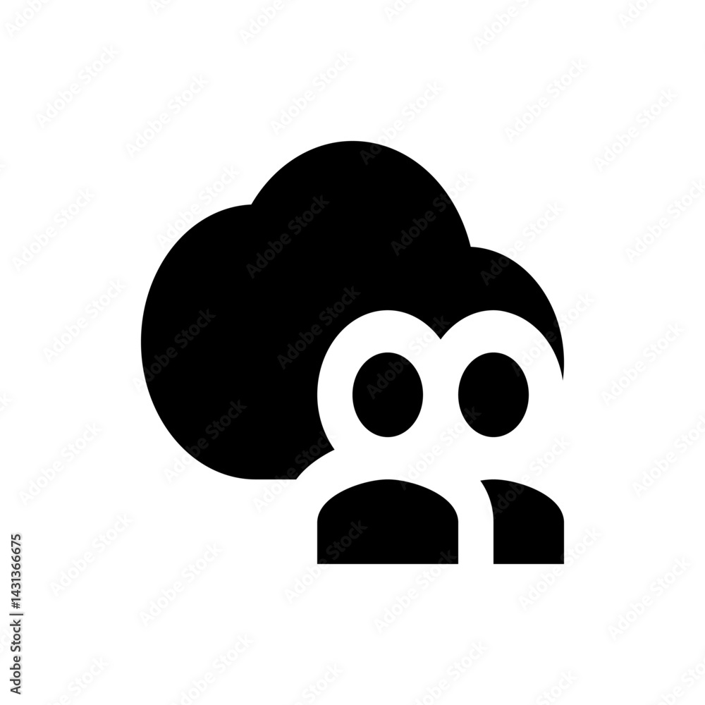 Poster Illustration of a cloud shape with two abstract figures underneath it in black and white color scheme