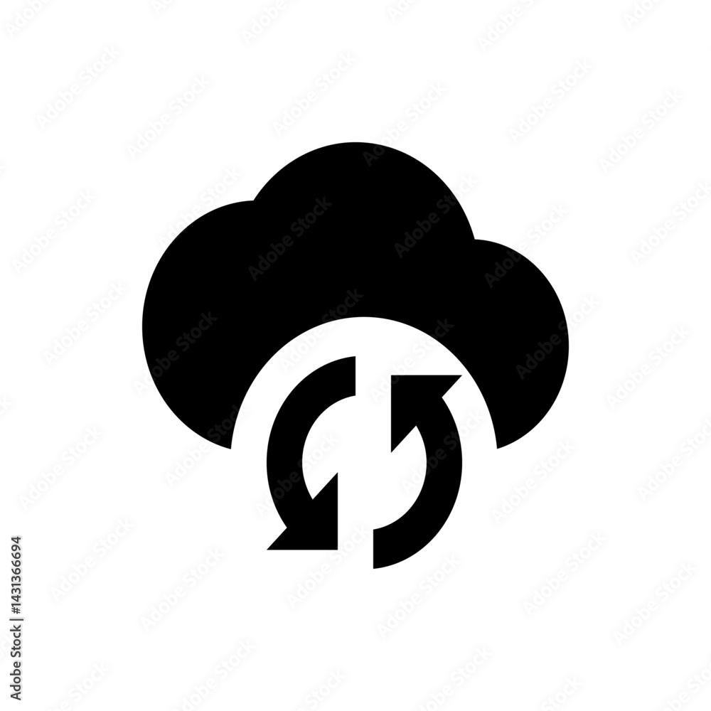 Poster cloud storage icon with circular arrows indicating synchronization and data transfer process in blac