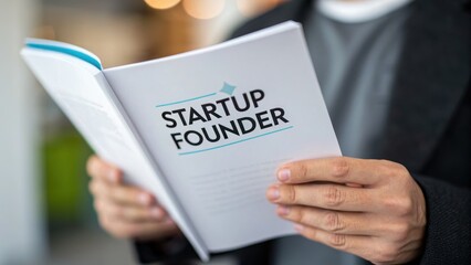 new business and startups business plan venture capital Concept. Person reading a booklet titled "Startup Founder" in a modern setting.