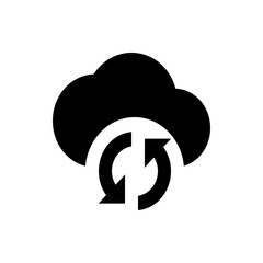 Cloud storage icon with circular arrows indicating synchronization and data transfer process in black and white