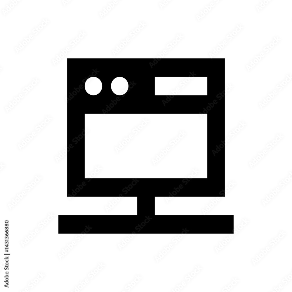 Poster illustration of a desktop computer screen with two circles and a rectangle on the top left corner de