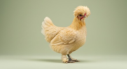 Creamy feathered polish chicken in elegant posture against gentle background