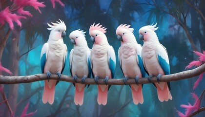 Five lovely cockatoos resting on a branch, showcasing vibrant pink and white feathers, close up.